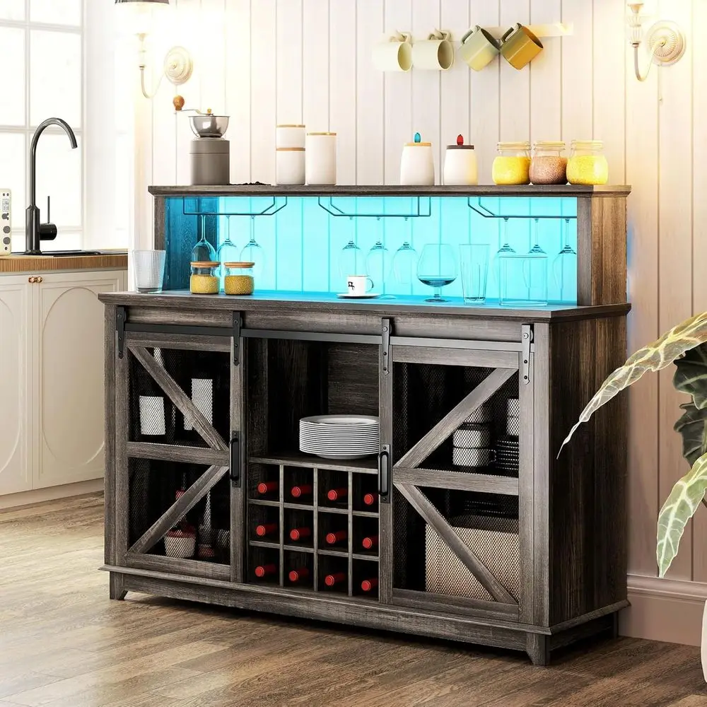 55 Smart App-Controlled LED Light Wine Bar Cabinet with 12-Bottle Rack and Sliding Mesh Door, Distressed Brown
55 Smart App-Controlled LED Light Wine Bar Cabinet with 12-Bottle Rack and Sliding Mesh Door, Distressed Brown