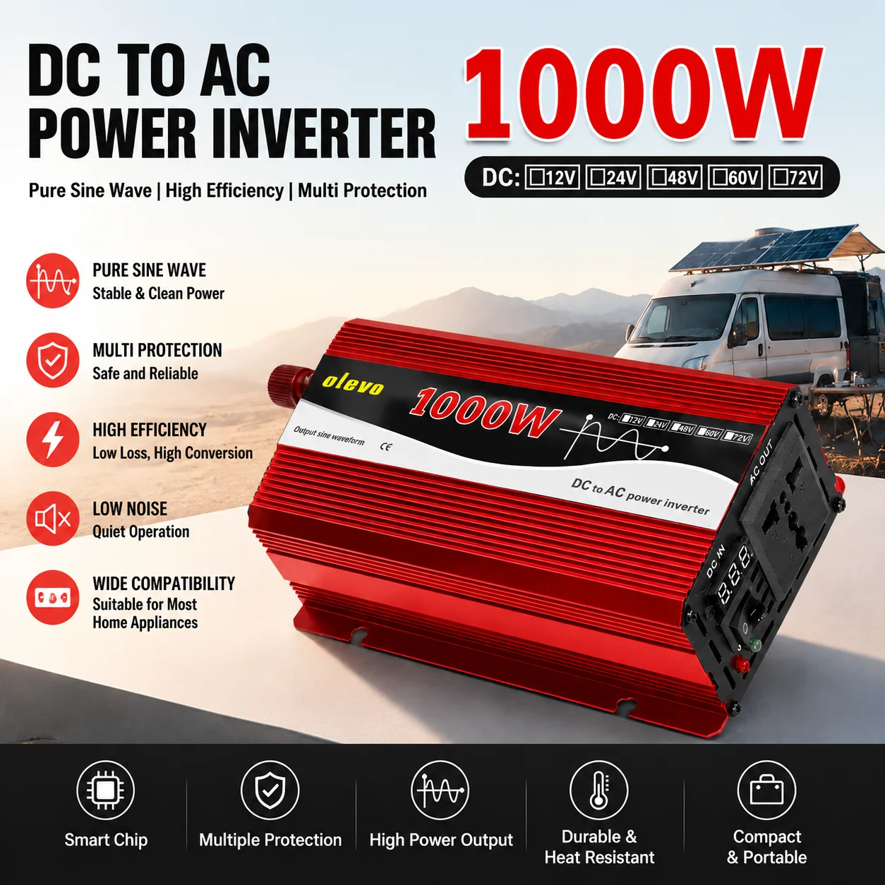 "High-quality pure sine wave inverter 1000W–3000W, converts DC 12V/24V/48V/60V to AC 110V, equipped with universal socket and ch
"High-quality pure sine wave inverter 1000W–3000W, converts DC 12V/24V/48V/60V to AC 110V, equipped with universal socket and ch