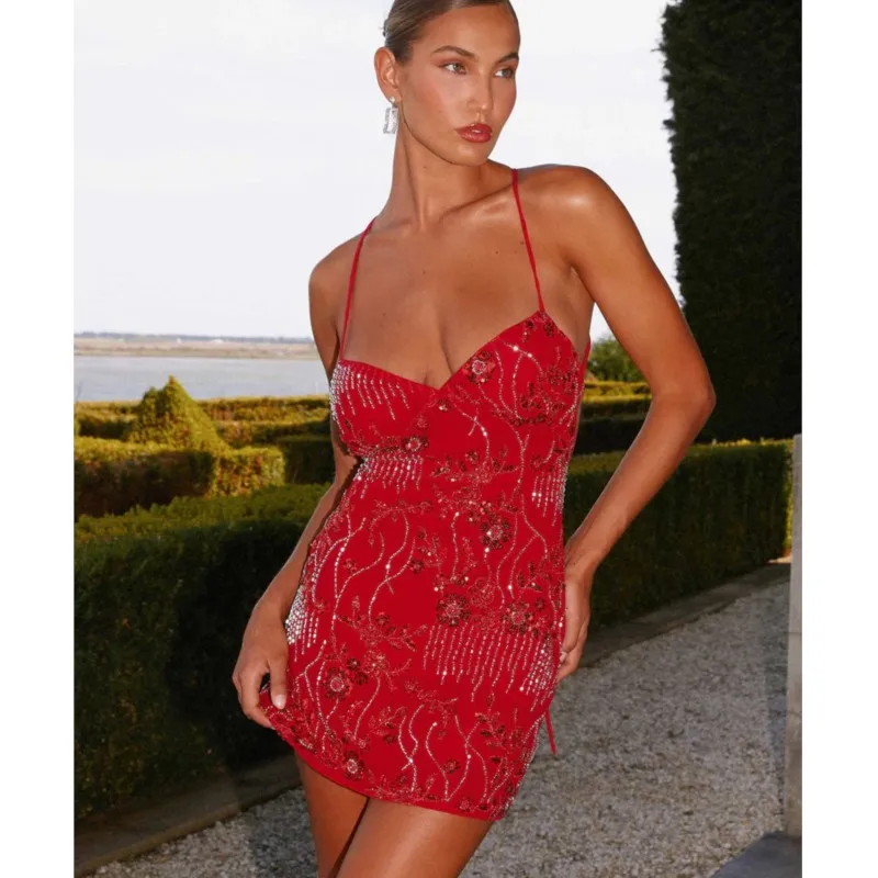 Sequin Suspenders Mini Dress Sexy Front V-Neck Sleeveless Dress Women's Fashion Backless Skirt Women's Sequin Embroidery Skirt
Sequin Suspenders Mini Dress Sexy Front V-Neck Sleeveless Dress Women's Fashion Backless Skirt Women's Sequin Embroidery Skirt