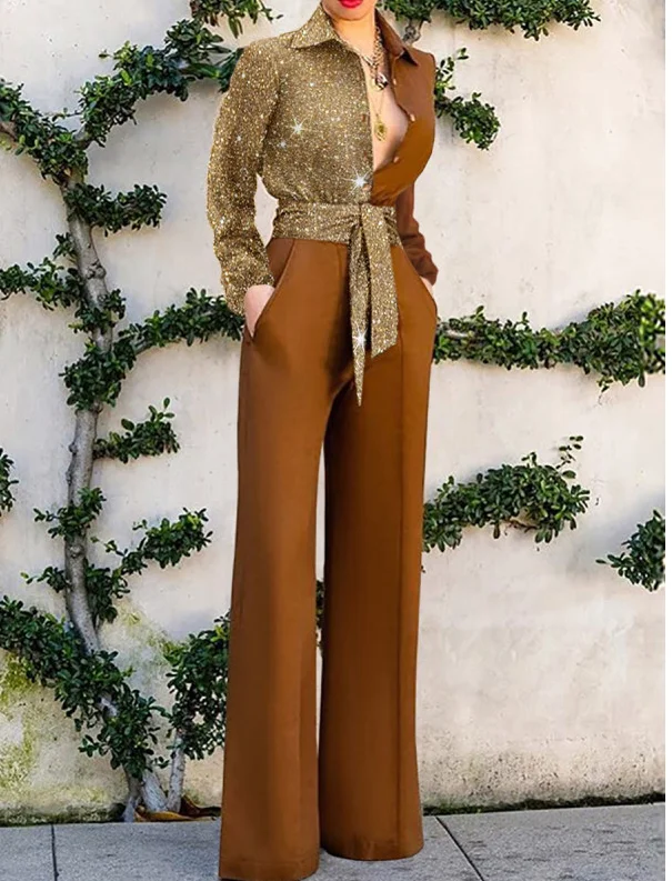 Summer Shirt Collar Wide Leg Pants Women Jumpsuit Shiny Long Sleeve Patchwork Color Belt Pockets Jumpsuit
Summer Shirt Collar Wide Leg Pants Women Jumpsuit Shiny Long Sleeve Patchwork Color Belt Pockets Jumpsuit