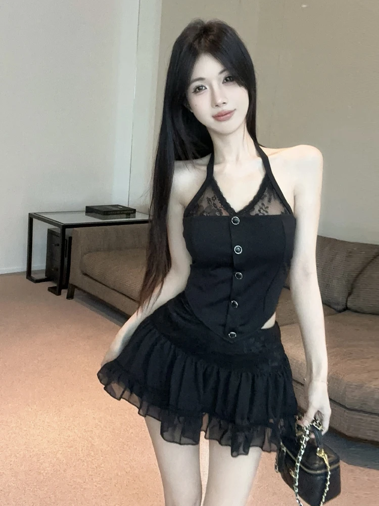 Sexy Sweet Spicy Girl V-ne Lace Splice Hanging Ne Bal Strap Top f-length A-line Pleated Skirt Two-piece Set
Sexy Sweet Spicy Girl V-ne Lace Splice Hanging Ne Bal Strap Top f-length A-line Pleated Skirt Two-piece Set