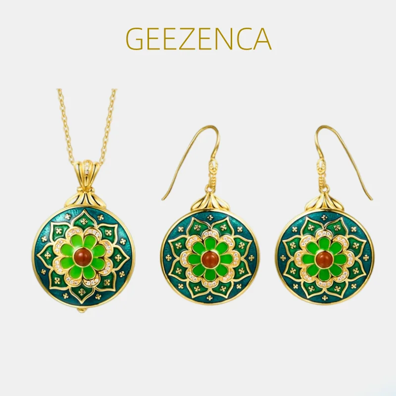 GEEZENCA Vintage S925 Silver Enamel Lotus Locket Pendant Dangle Earrings For Women Tibetan Style Jewelry Sets Without Chain
GEEZENCA Vintage S925 Silver Enamel Lotus Locket Pendant Dangle Earrings For Women Tibetan Style Jewelry Sets Without Chain