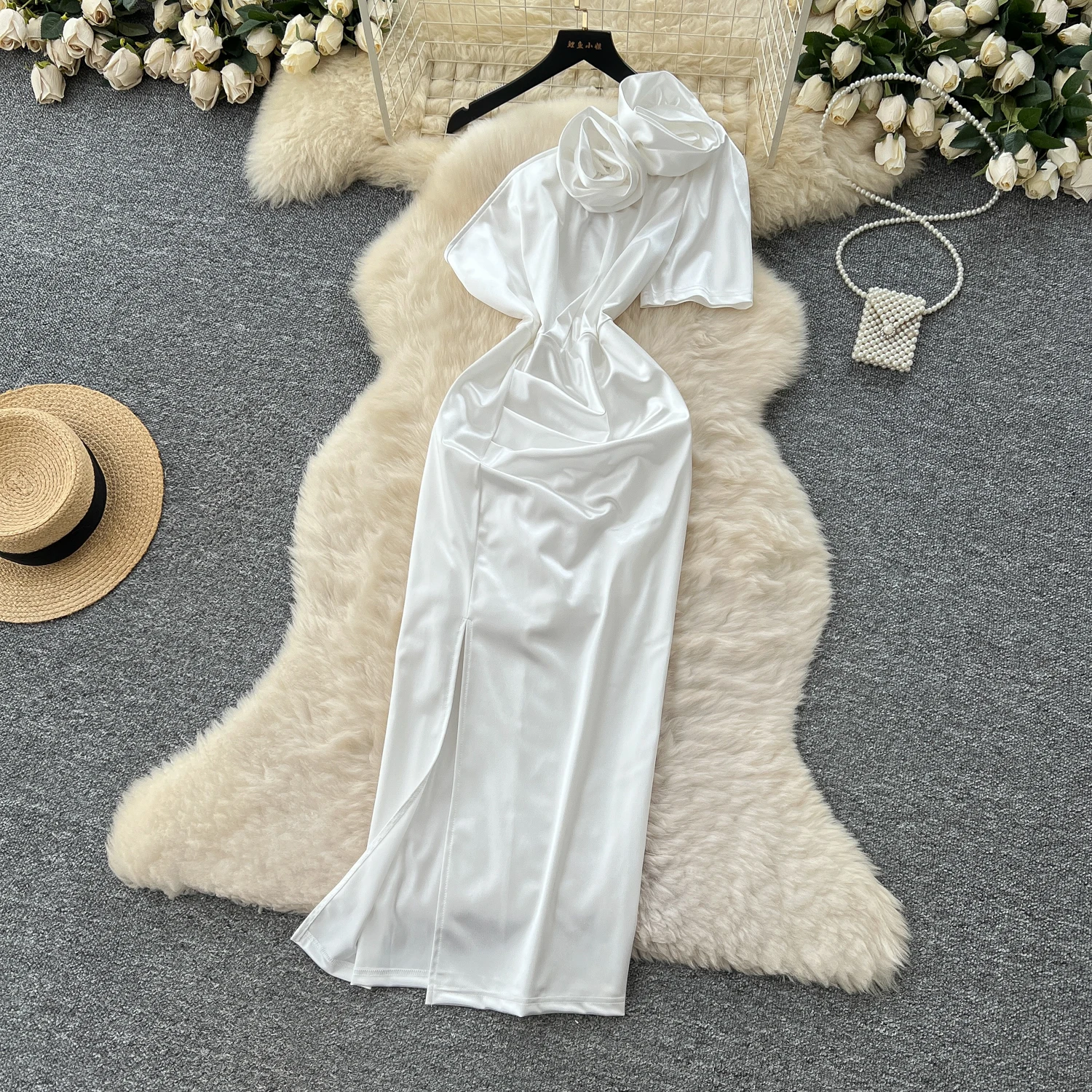 Elegant satin floral Strapless Dress Beach Vacation Party Diagonal Collar Single Shoulder Dress Women Summer A-line Vestidos
Elegant satin floral Strapless Dress Beach Vacation Party Diagonal Collar Single Shoulder Dress Women Summer A-line Vestidos