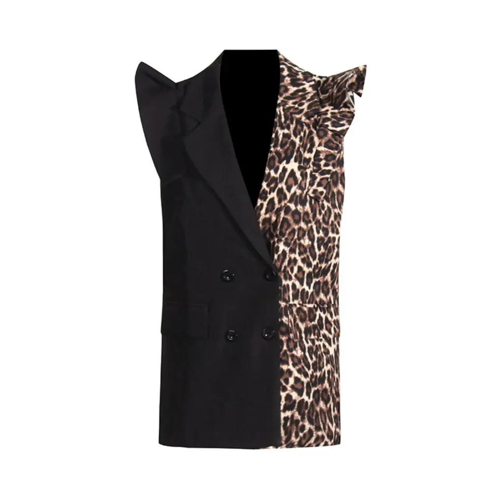Leopard Color Design Sleeveless Jacket Women's Feifei Sleeve Suit Vest New Stitching Contrast Color Europe And US Style
Leopard Color Design Sleeveless Jacket Women's Feifei Sleeve Suit Vest New Stitching Contrast Color Europe And US Style