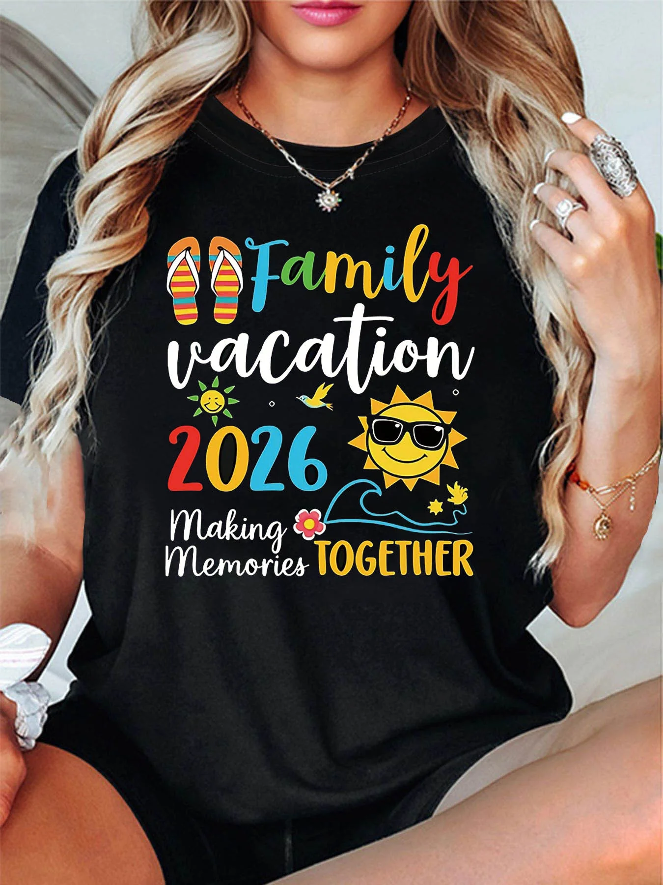 "Family Vacation 2026 Making Memories Together" Women's 2026 Family Vacation Themed T-Shirt, Flip-Flop Sun Slogan Decoration, Casual Short-Sleeve, Colorful, Warm, Lively Family Vacation Outfit Top
"Family Vacation 2026 Making Memories Together" Women's 2026 Family Vacation Themed T-Shirt, Flip-Flop Sun Slogan Decoration, Casual Short-Sleeve, Colorful, Warm, Lively Family Vacation Outfit Top