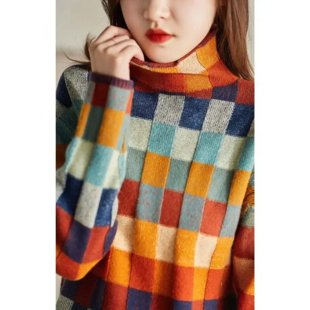 Women's Cashmere Knitted Plaid Sweater High Collar Checkerboard Lazy Slim Fit for Winter Japanese Korean Style
Women's Cashmere Knitted Plaid Sweater High Collar Checkerboard Lazy Slim Fit for Winter Japanese Korean Style