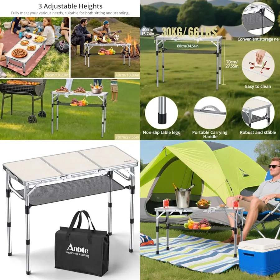 Folding Camping Table with Storage Net, 3Feet Camping Table Aluminum Folding Table with 3 Adjustable Height Max 27.1 Inch, Port
Folding Camping Table with Storage Net, 3Feet Camping Table Aluminum Folding Table with 3 Adjustable Height Max 27.1 Inch, Port
