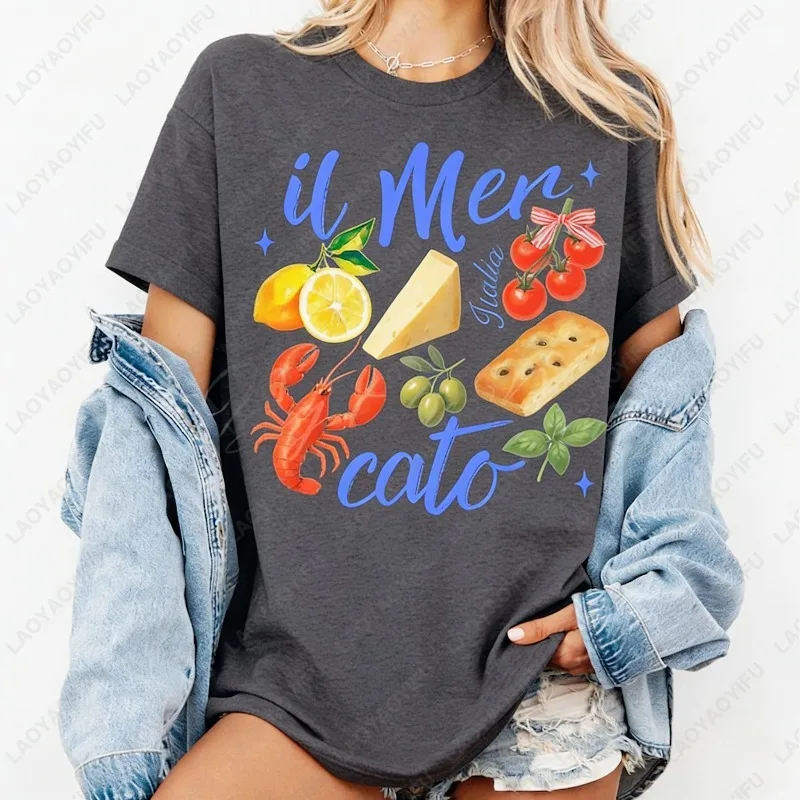 Summer Coast Design Cotton Shirt Tomato Lobster Cookies Funny O-neck Printed Tee Italian Market Women Travel Clothing Ropa Mujer
Summer Coast Design Cotton Shirt Tomato Lobster Cookies Funny O-neck Printed Tee Italian Market Women Travel Clothing Ropa Mujer