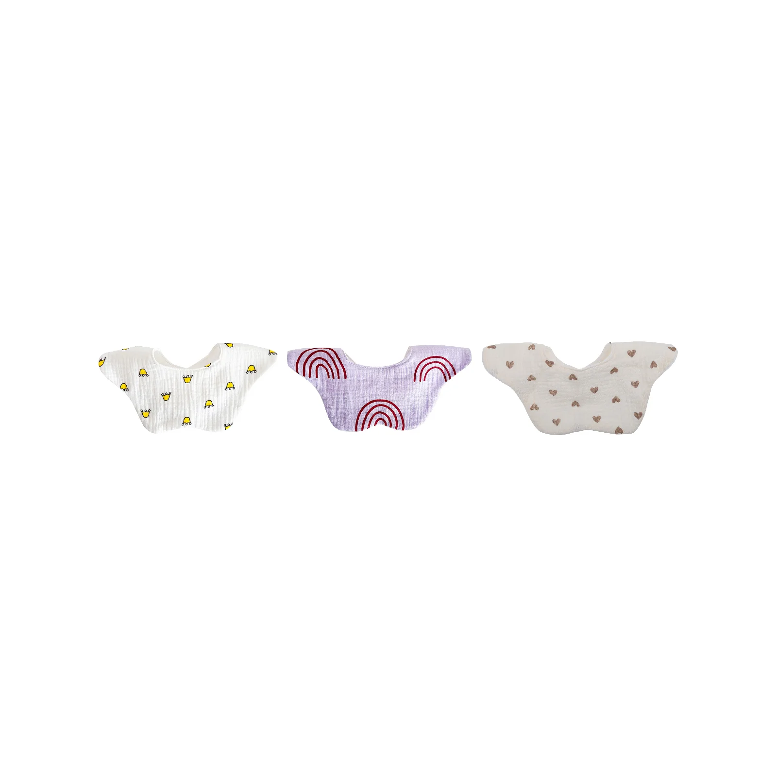 Spring and summer thin baby bibs 3-piece set: small crown + purple rainbow + rice heart
Spring and summer thin baby bibs 3-piece set: small crown + purple rainbow + rice heart