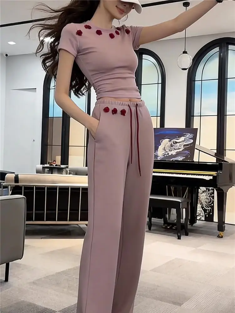 Slim Fit Short Sleeve T-Shirt High Waist Wide Leg Pants Women's Fashion Set Summer Casual Two-Piece Suit Polyester Fiber
Slim Fit Short Sleeve T-Shirt High Waist Wide Leg Pants Women's Fashion Set Summer Casual Two-Piece Suit Polyester Fiber