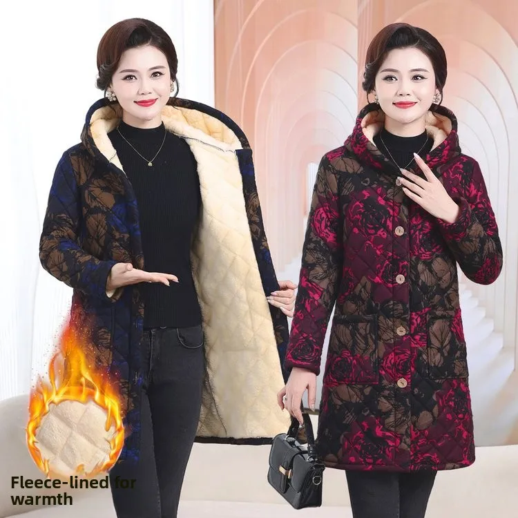 Зимнее утепленное хлопковое пальто 2025 года с флисовой подкладкой, с капюшоном, средней длины, с цветочным принтом, теплое, для женщин среднего и старшего возраста
Зимнее утепленное хлопковое пальто 2025 года с флисовой подкладкой, с капюшоном, средней длины, с цветочным принтом, теплое, для женщин среднего и старшего возраста
