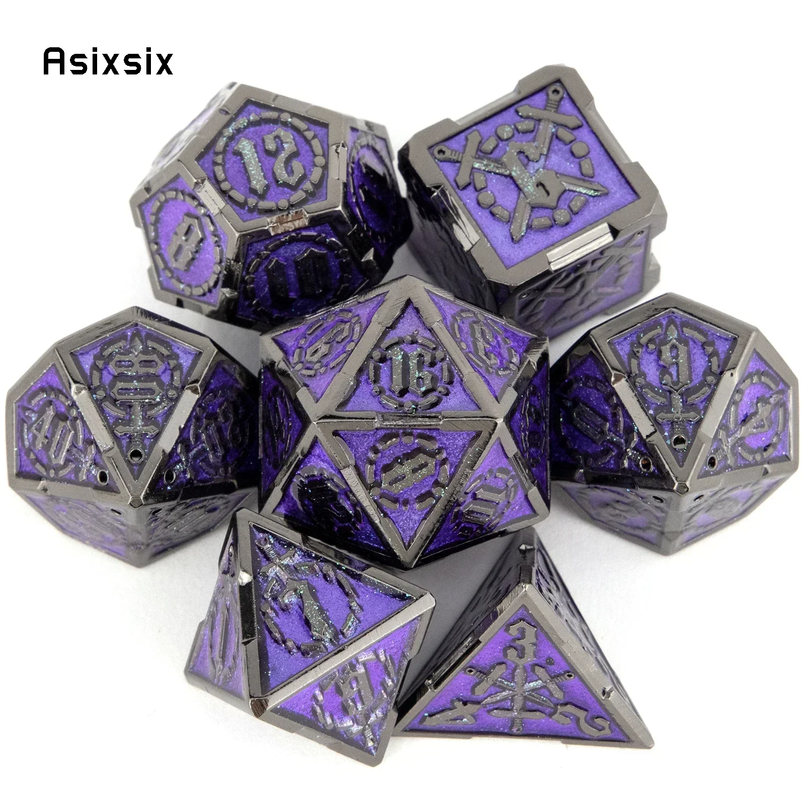 7 Pcs Purple Silver Double Swords Metal Dice Solid Polyhedral Dice Set Suitable For Role-Playing Dice PropBoard Game
7 Pcs Purple Silver Double Swords Metal Dice Solid Polyhedral Dice Set Suitable For Role-Playing Dice PropBoard Game