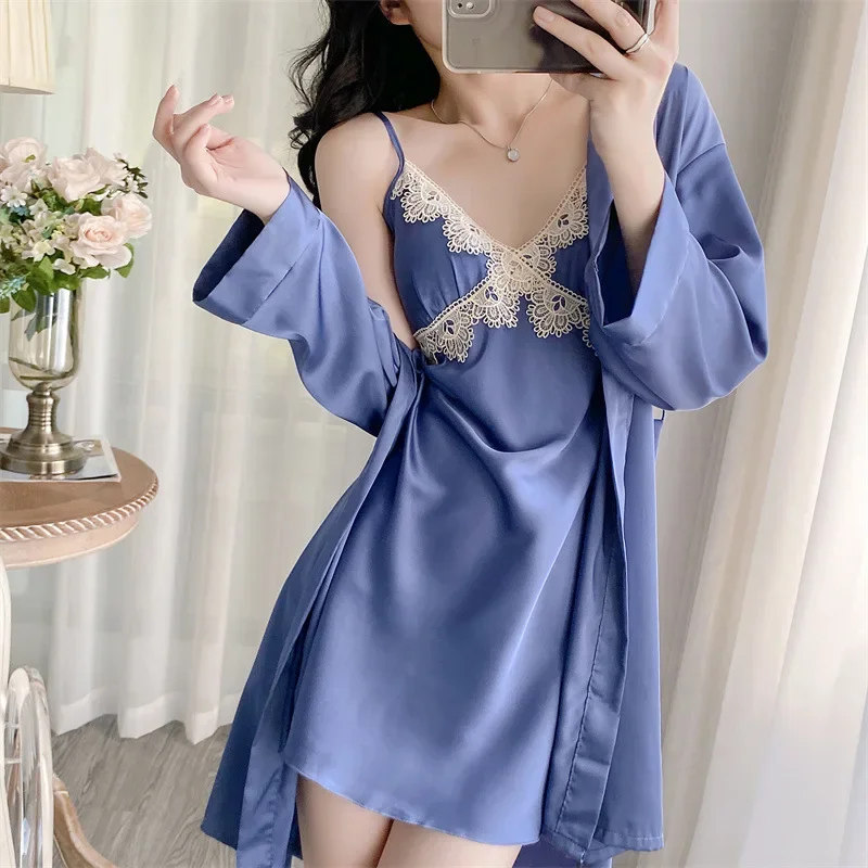 Women Sexy Backless Sleepwear Lace Flower Bathrobe Set Spaghetti Strap Lingerie Nightwear Nightgown Silk Rayon Robe Suit
Women Sexy Backless Sleepwear Lace Flower Bathrobe Set Spaghetti Strap Lingerie Nightwear Nightgown Silk Rayon Robe Suit