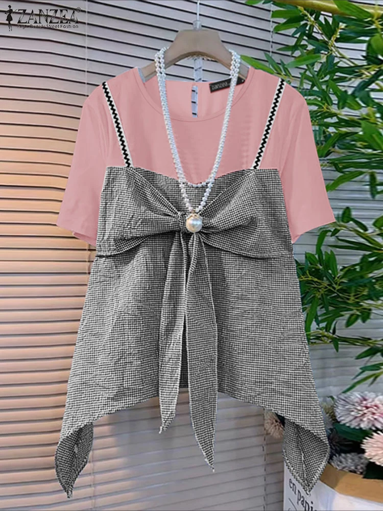 Casual Loose Patchwork Blouse Short Sleeve Plaid Tops Women O-neck Summer Tunic ZANZEA 2025 Fashion Irregular Blusas Fake 2PC
Casual Loose Patchwork Blouse Short Sleeve Plaid Tops Women O-neck Summer Tunic ZANZEA 2025 Fashion Irregular Blusas Fake 2PC