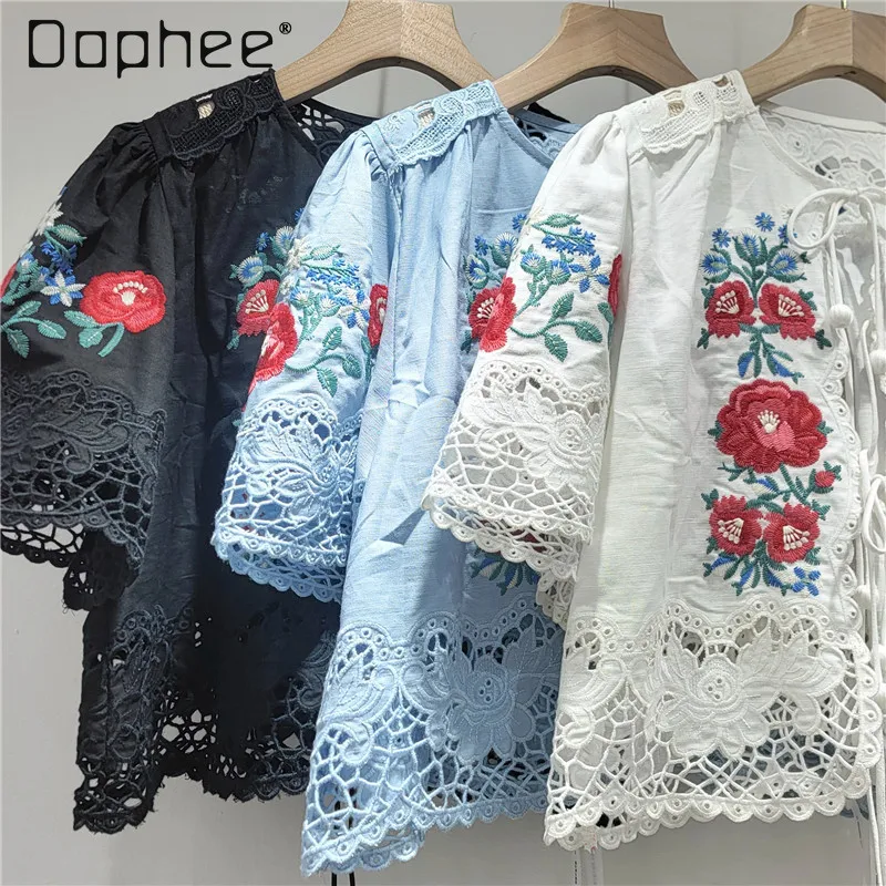 Summer Heavy Industry Embroidery Flower Round Neck Bubble Sleeve Temperament Short Shirt Fashion Hollow Sweet Loose Shirt Women
Summer Heavy Industry Embroidery Flower Round Neck Bubble Sleeve Temperament Short Shirt Fashion Hollow Sweet Loose Shirt Women