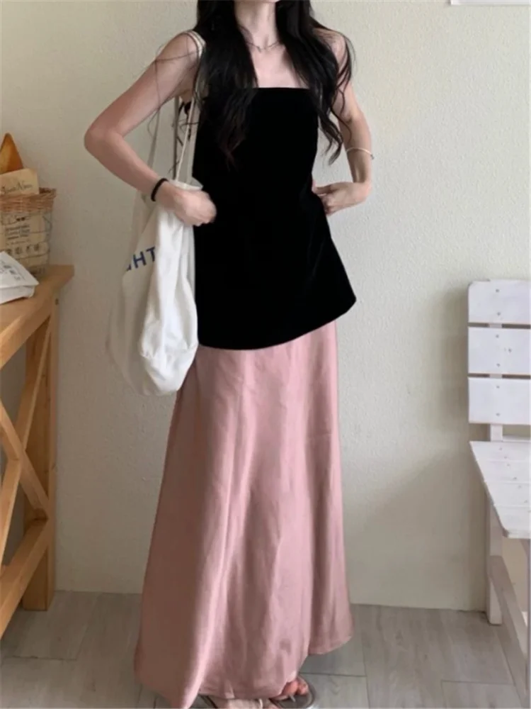 Sweet Spicy Girl 2 Pieces Sets French Summer Fashion Sleeveless Straps Back Black Camis Top+High Waist Satin Long Pink Skirt
Sweet Spicy Girl 2 Pieces Sets French Summer Fashion Sleeveless Straps Back Black Camis Top+High Waist Satin Long Pink Skirt
