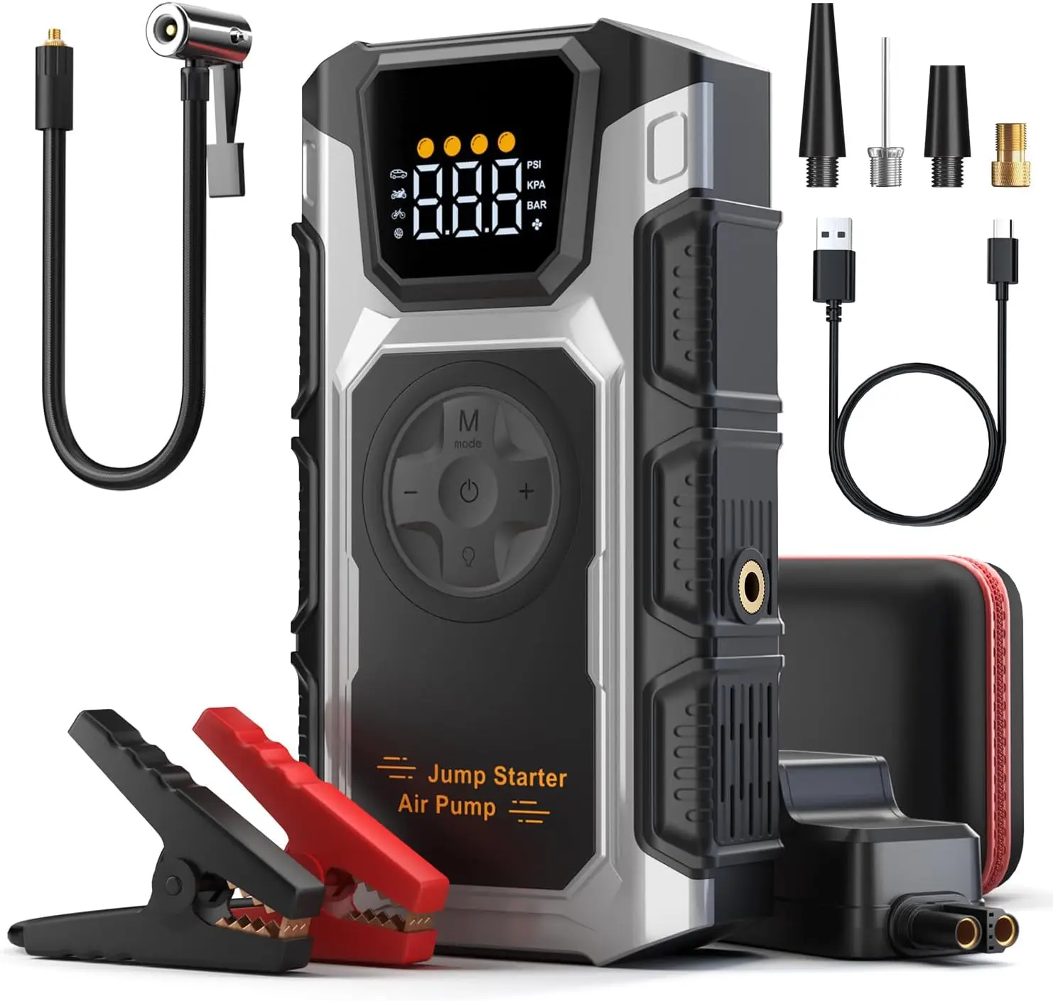 5500A Jump Starter with Air Compressor, 150PSI Portable Car Battery Charger and Tire Inflator for Gas/Diesel Engines
5500A Jump Starter with Air Compressor, 150PSI Portable Car Battery Charger and Tire Inflator for Gas/Diesel Engines