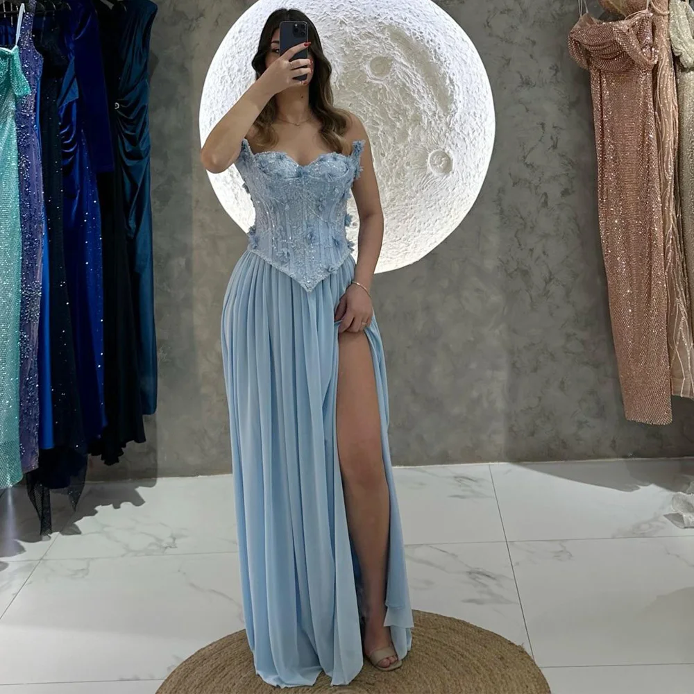 Customized Corset Evening Dress with Split Sweetheart With Floral Lace Appliques Prom Gown Blue Chiffon Formal Maxi Dress 2026
Customized Corset Evening Dress with Split Sweetheart With Floral Lace Appliques Prom Gown Blue Chiffon Formal Maxi Dress 2026