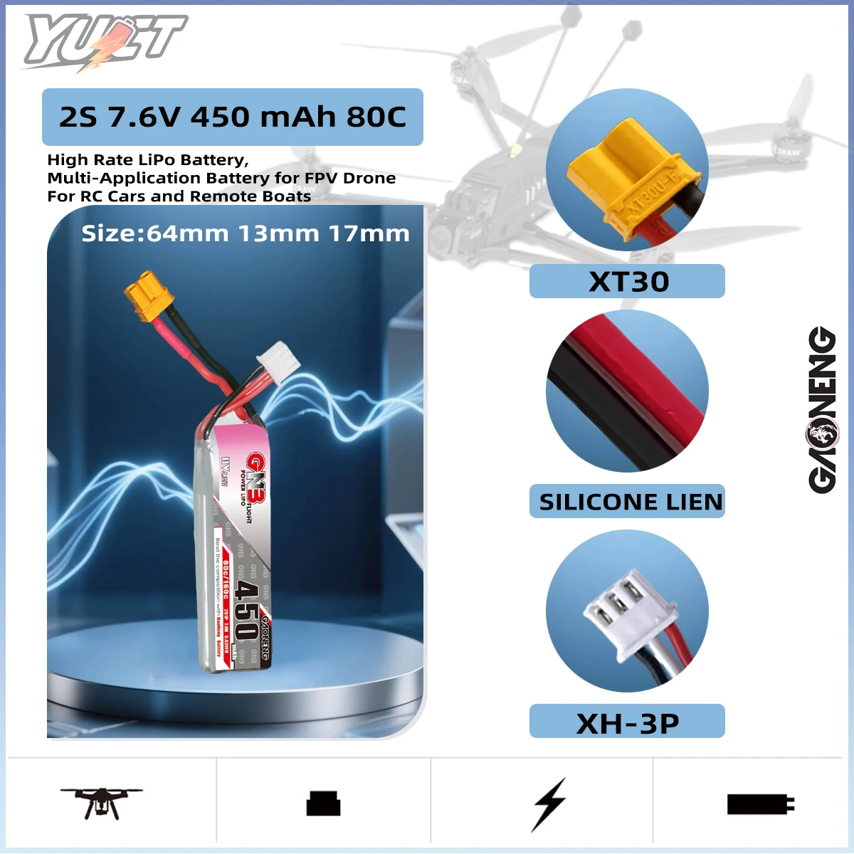 YUCT GAONENG GNB 2S HV Lipo battery 450mah 7.6V 80C/Max160C with XT30 Plug For BETAFPV Beta75X 2S Beta65X Whoop Drone
YUCT GAONENG GNB 2S HV Lipo battery 450mah 7.6V 80C/Max160C with XT30 Plug For BETAFPV Beta75X 2S Beta65X Whoop Drone