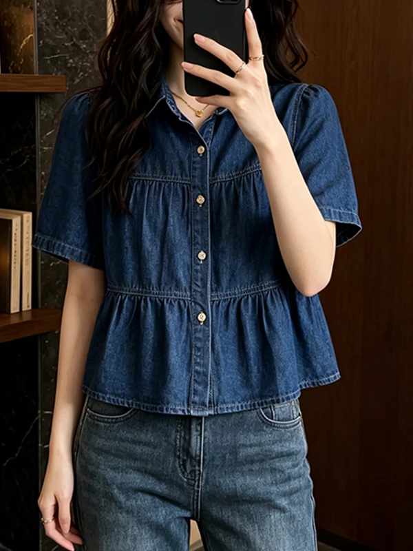 Summer 2026 Women's Loose Fit Vintage Collared Short Sleeve Denim Shirt Slimming Design Versatile Mid-Length Casual Top
Summer 2026 Women's Loose Fit Vintage Collared Short Sleeve Denim Shirt Slimming Design Versatile Mid-Length Casual Top