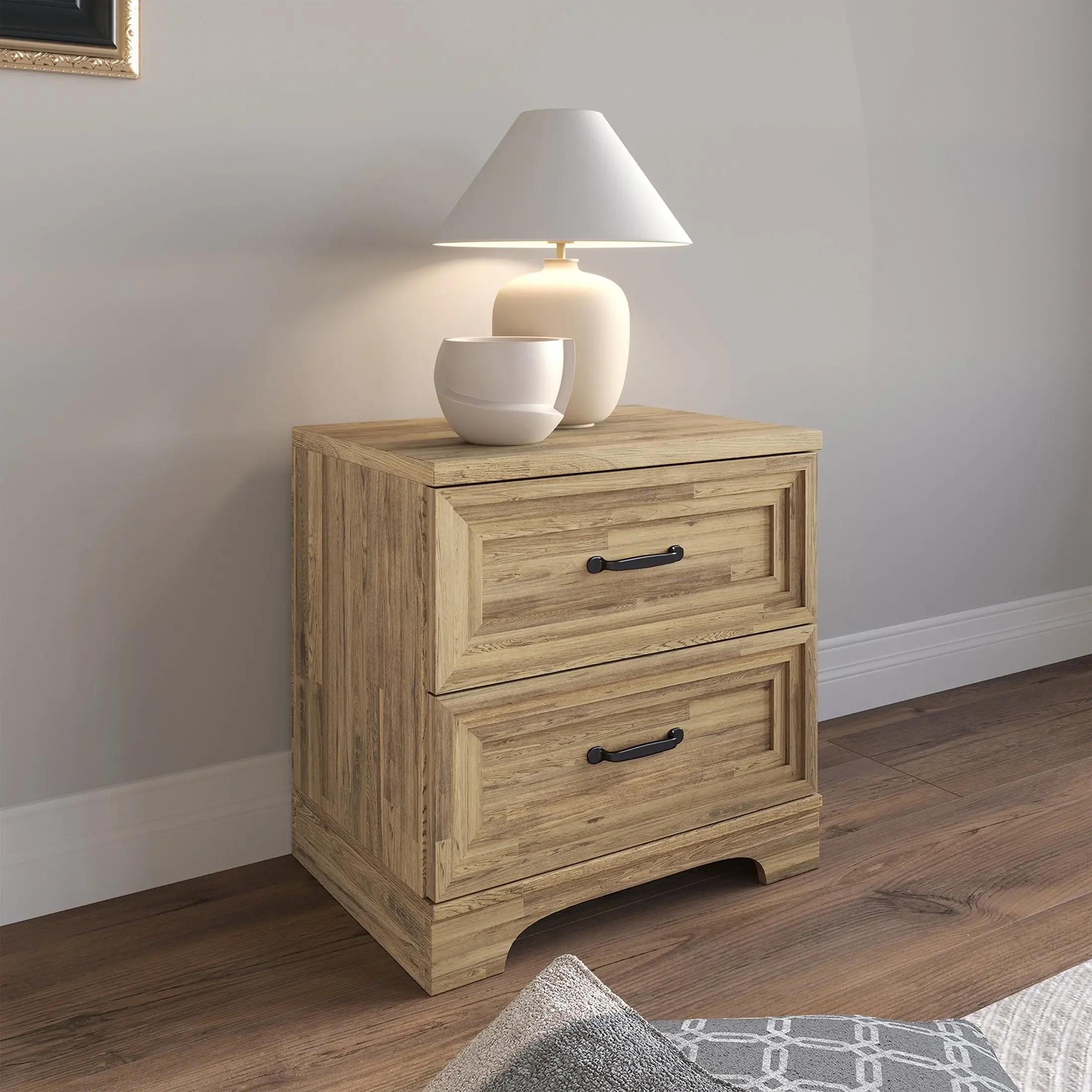 Traditional two-drawer wooden nightstand in brown oak finish with smooth drawer glides and sturdy construction
Traditional two-drawer wooden nightstand in brown oak finish with smooth drawer glides and sturdy construction