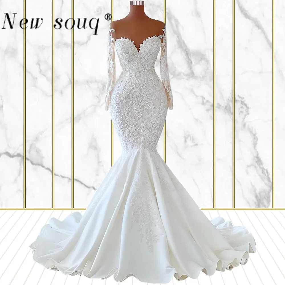 Elegant Long Sleeves Mermaid Wedding Dresses for Bride Pretty Illusion O Neck Lace Satin Women Bridal Gowns Custom Made
Elegant Long Sleeves Mermaid Wedding Dresses for Bride Pretty Illusion O Neck Lace Satin Women Bridal Gowns Custom Made