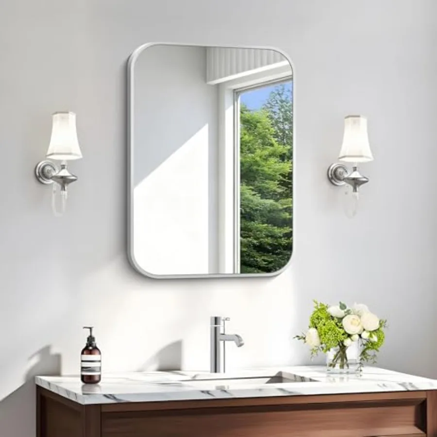 Silver Bathroom Mirror, 18 x 24 Inch Rectangle Mirrors for Wall, Rounded Corner Metal Framed Wall Mounted Mirror for Over Sinks
Silver Bathroom Mirror, 18 x 24 Inch Rectangle Mirrors for Wall, Rounded Corner Metal Framed Wall Mounted Mirror for Over Sinks