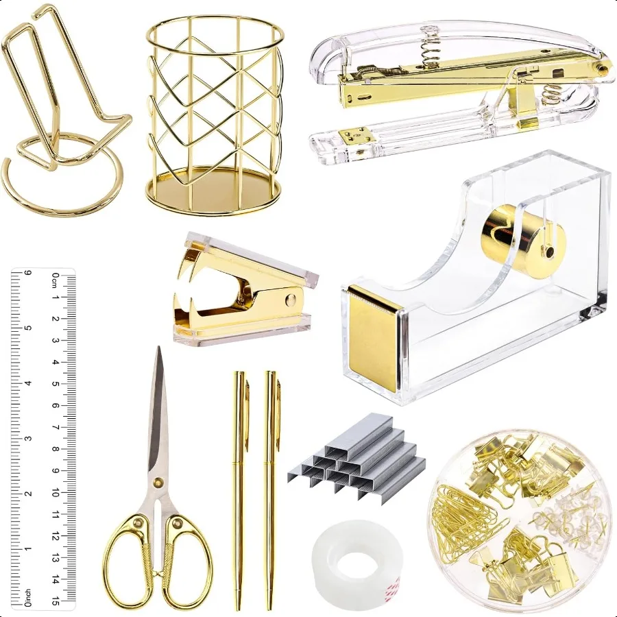 Gold Office Supplies Set Desk Accessories Acrylic Stapler Set Staple Remover Phone Holder Tape Holder Pen Holder 2 Ballpoint Pe
Gold Office Supplies Set Desk Accessories Acrylic Stapler Set Staple Remover Phone Holder Tape Holder Pen Holder 2 Ballpoint Pe