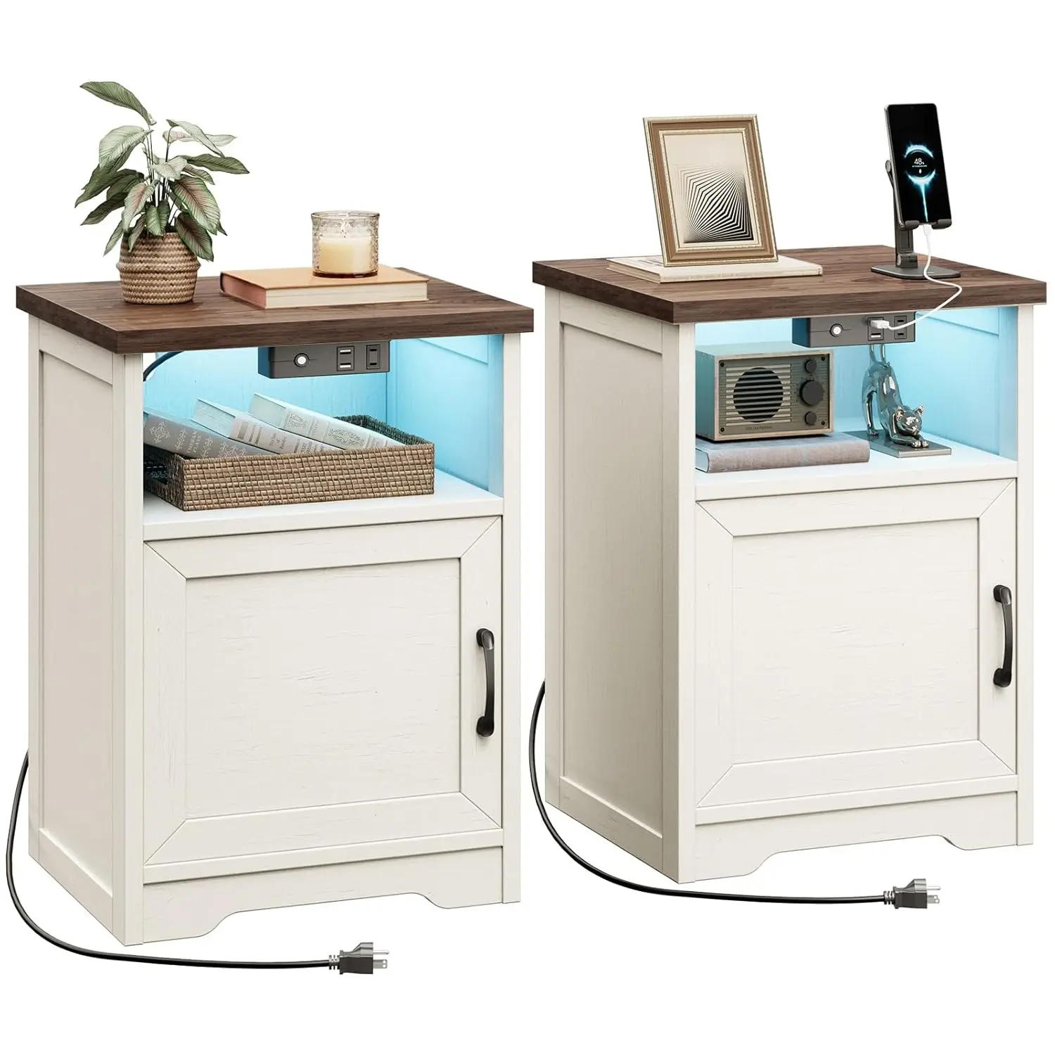 Farmhouse Nightstand Set w/ Charging Station LED Lights Open Shelf Door Rustic White Dark Walnut Bedroom End Tables, Customized
Farmhouse Nightstand Set w/ Charging Station LED Lights Open Shelf Door Rustic White Dark Walnut Bedroom End Tables, Customized