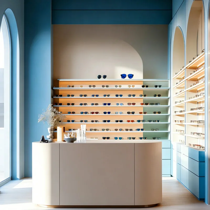 custom.Contemporary Geometric Optical Boutique Showroom with Light Blue Glossy Units Light Oak Open Shelves Built-In Warm LED Li
custom.Contemporary Geometric Optical Boutique Showroom with Light Blue Glossy Units Light Oak Open Shelves Built-In Warm LED Li