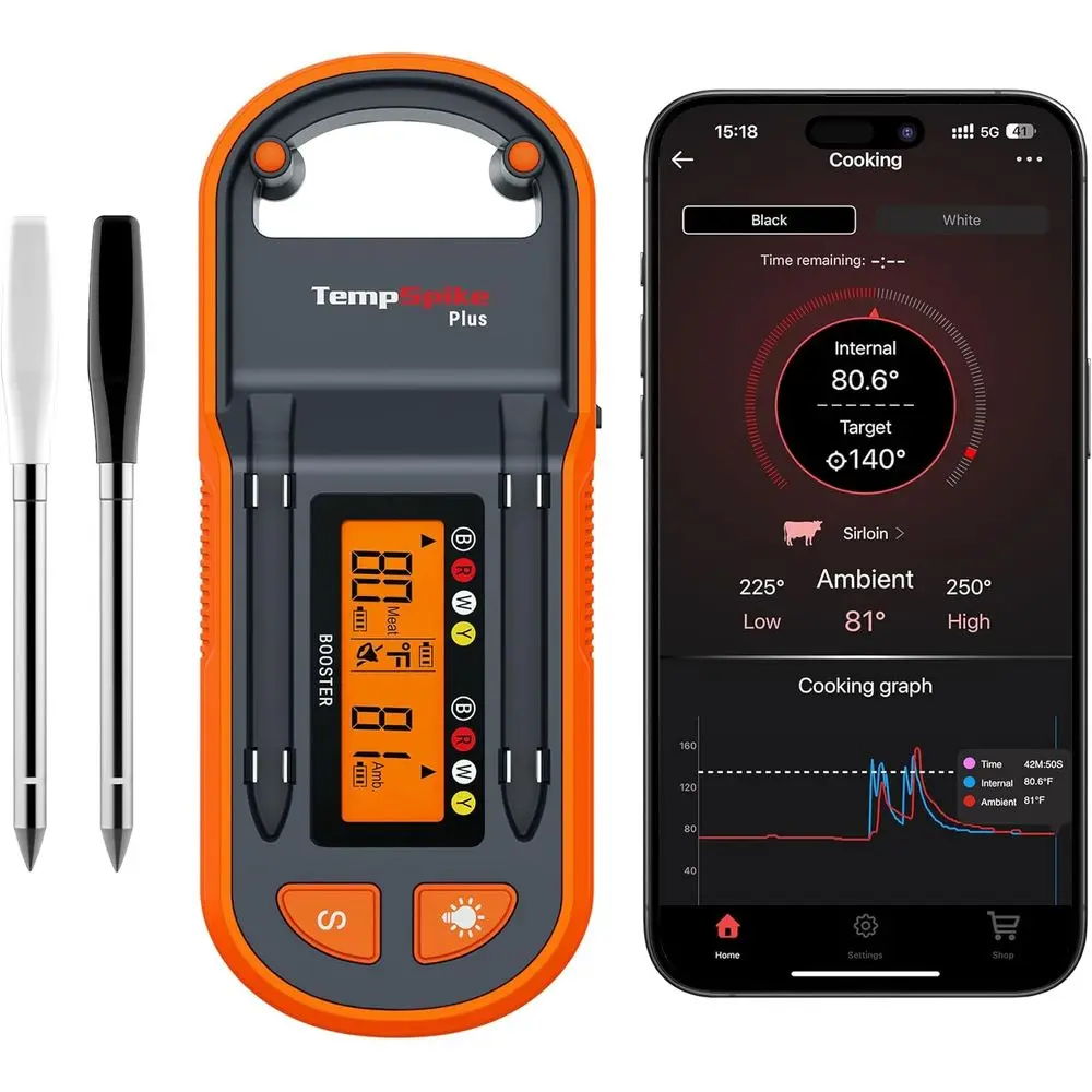 Wireless Meat Thermometer with 2 Color-Coded Probes for Grilling, Smoking, and Cooking
Wireless Meat Thermometer with 2 Color-Coded Probes for Grilling, Smoking, and Cooking