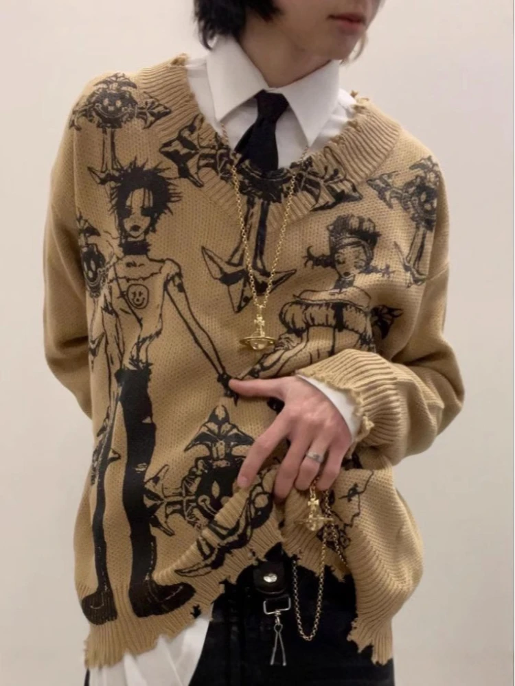 Autumn and winter new dark retro knitted jacquard sweater American street hip-hop trend V-neck loose top Y2k clothing
Autumn and winter new dark retro knitted jacquard sweater American street hip-hop trend V-neck loose top Y2k clothing