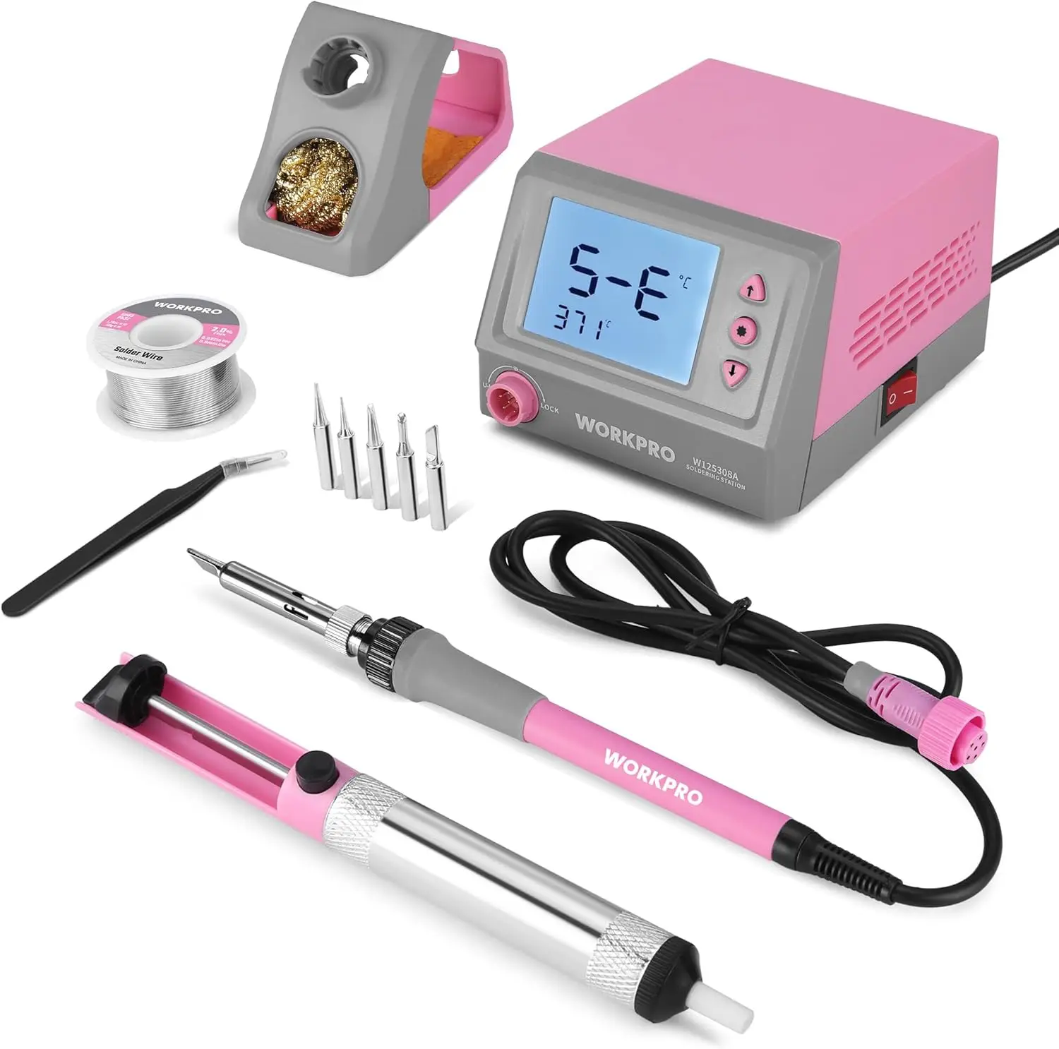 60W Soldering Station Digital Display, 5 Tips, Precision Temperature Control for Electronics Repair, DIY - Pink Ribbon