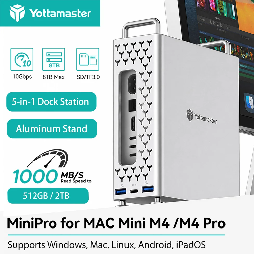 Yottamaster 10Gbps Docking Station 5-in-1 Hub USB A Type C SD/TF3.0 Expansion Dock Stand M.2 NVMe SSD Enclosure for Mac Mini M4
Yottamaster 10Gbps Docking Station 5-in-1 Hub USB A Type C SD/TF3.0 Expansion Dock Stand M.2 NVMe SSD Enclosure for Mac Mini M4