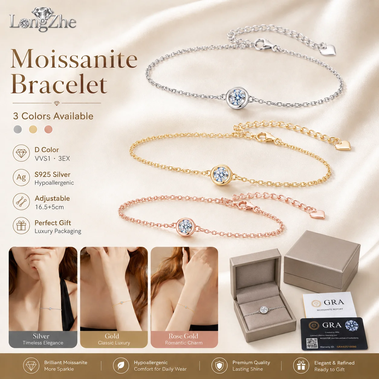 D Color 0.1CT Moissanite Bezel Set Bracelet 925 Silver Hypoallergenic Minimalist Bracelet for Women
D Color 0.1CT Moissanite Bezel Set Bracelet 925 Silver Hypoallergenic Minimalist Bracelet for Women