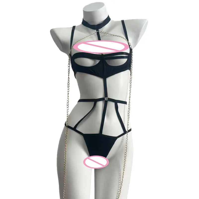 Sexy Bondage Hollow Out Bodysuit Gothic Night Club Cosplay Black Hot Sister Temptation Tights Halter With Chain Underwear Suit
Sexy Bondage Hollow Out Bodysuit Gothic Night Club Cosplay Black Hot Sister Temptation Tights Halter With Chain Underwear Suit