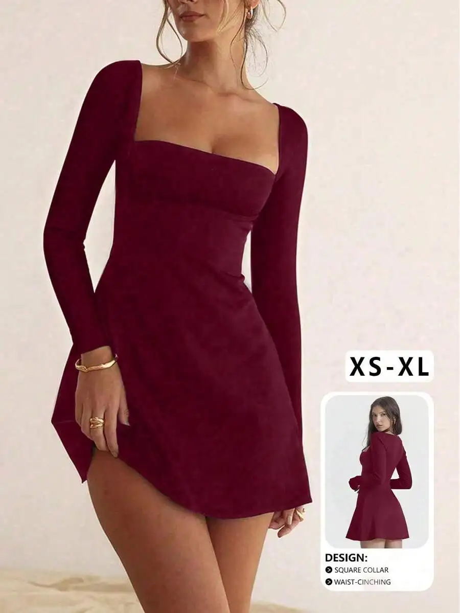 Burgundy Square Neck Long Sleeve Bodycon Mini Dress with Waist-Cinching Fit
Burgundy Square Neck Long Sleeve Bodycon Mini Dress with Waist-Cinching Fit