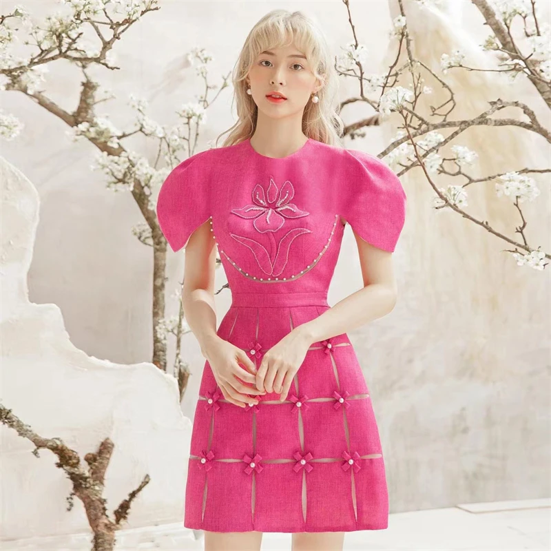 Summer Mesh Splice Dress Perspective Embroidery 3D Bow A-Line Dress Round Neck High Waist Short Sleeve Rose Red Women's Dress
Summer Mesh Splice Dress Perspective Embroidery 3D Bow A-Line Dress Round Neck High Waist Short Sleeve Rose Red Women's Dress