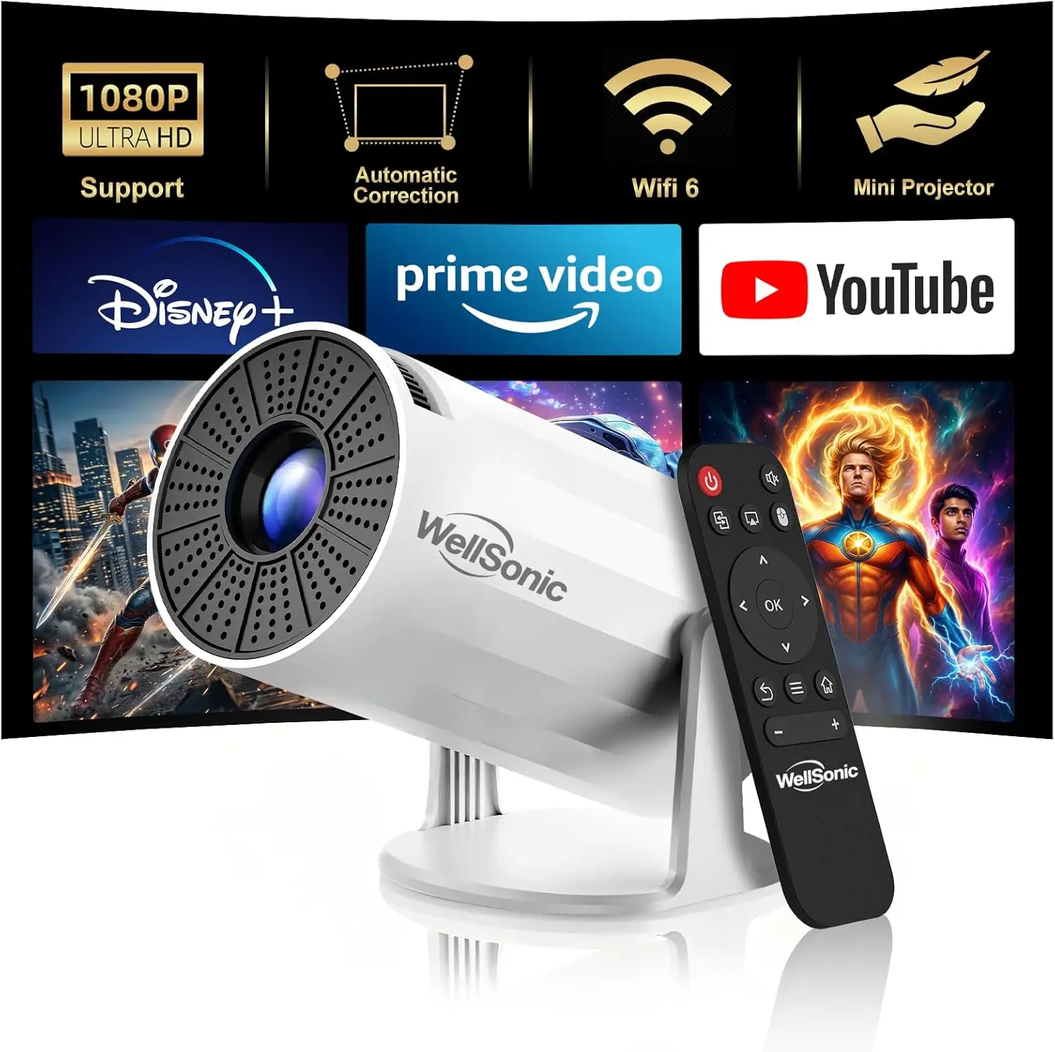 Mini Projector with WiFi and Bluetooth, 1080P Portable Movie Projector, Auto Keystone, 210° Rotation, 130'' Screen, Smart
Mini Projector with WiFi and Bluetooth, 1080P Portable Movie Projector, Auto Keystone, 210° Rotation, 130'' Screen, Smart