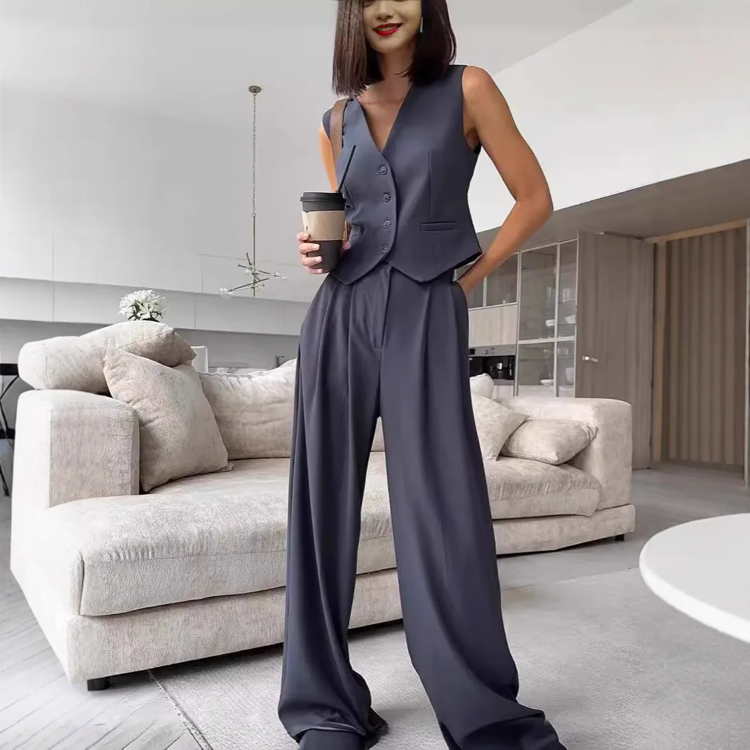 2026 Spring Summer New Business Set Women's Fashion V-neck Sleeveless Vest Vest Drooping Wide Legs Casual 2-Piece Sets Outfit
2026 Spring Summer New Business Set Women's Fashion V-neck Sleeveless Vest Vest Drooping Wide Legs Casual 2-Piece Sets Outfit
