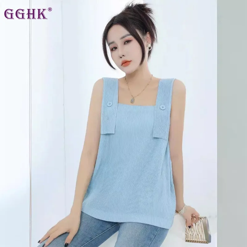 GGHK Pleated Women Vest 2025 Summer New Solid Color Lapel Loose Stretch Fashion Casual T-Shirt Sexy Female Tops
GGHK Pleated Women Vest 2025 Summer New Solid Color Lapel Loose Stretch Fashion Casual T-Shirt Sexy Female Tops