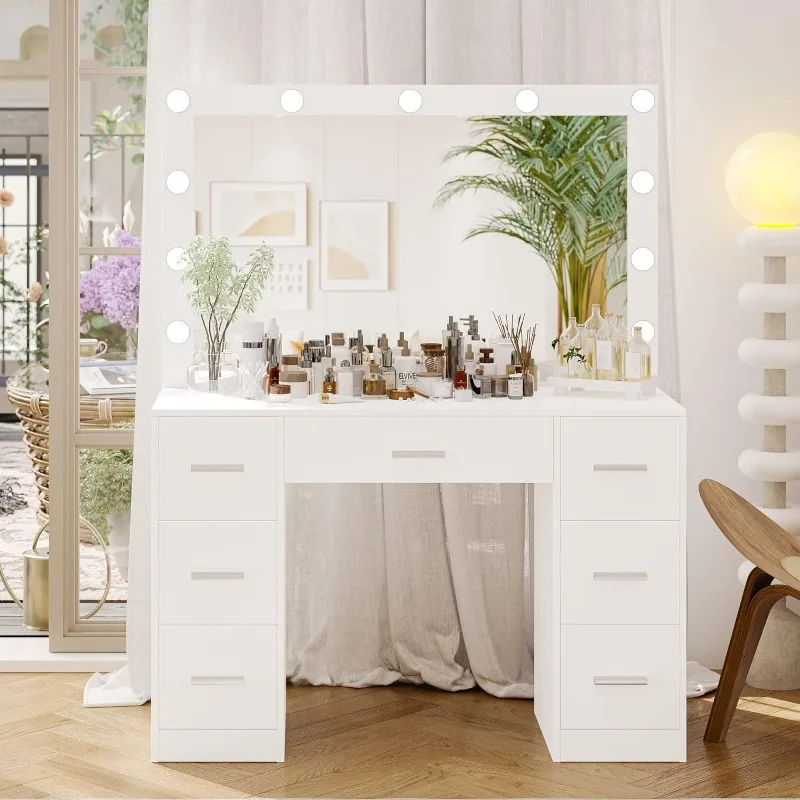 Vanity Table, Makeup Table with Lighted Mirror, 3 Color Lighting Modes, Brightness Adjustable, Dressing Table with Drawers
Vanity Table, Makeup Table with Lighted Mirror, 3 Color Lighting Modes, Brightness Adjustable, Dressing Table with Drawers