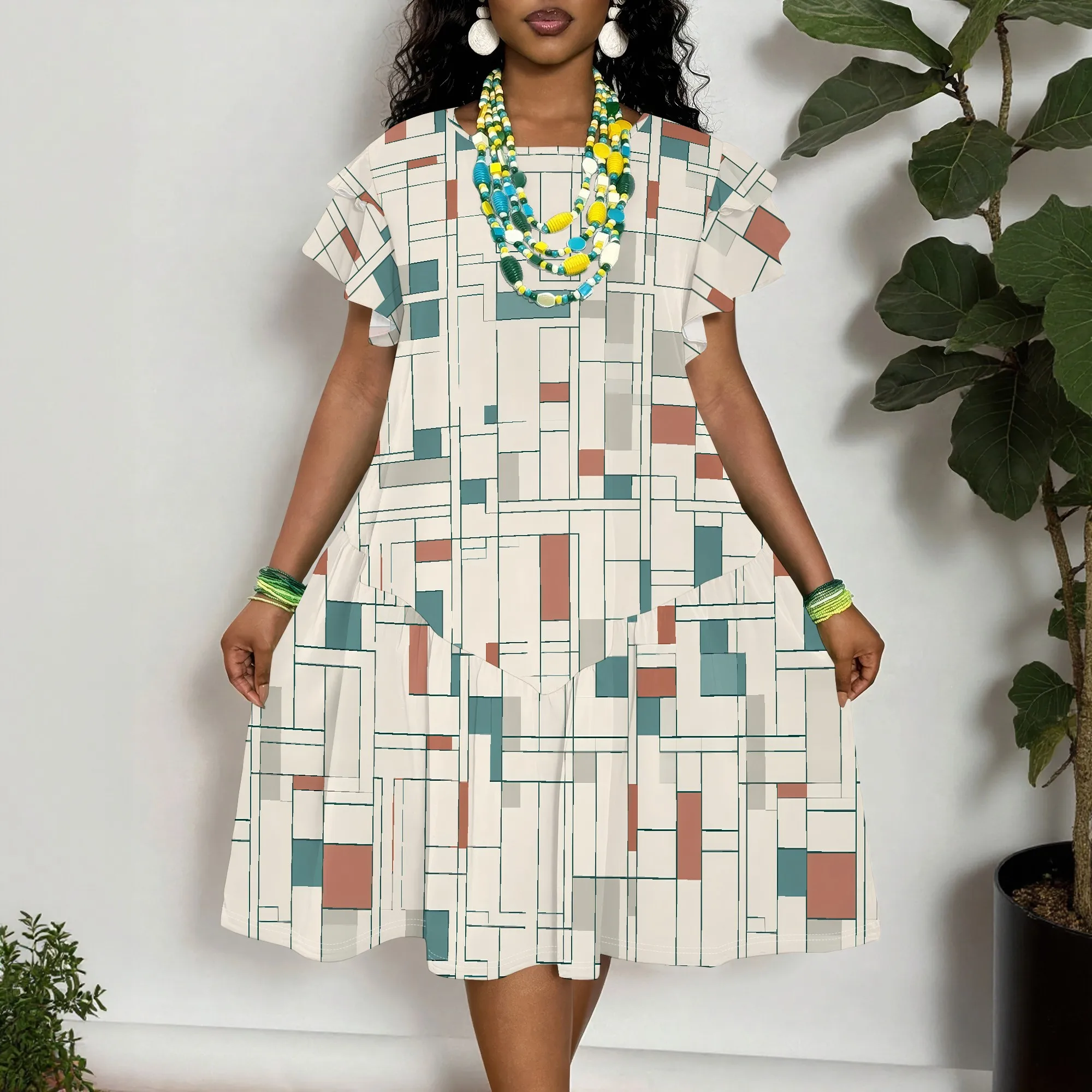 Geometric Print Dress, Short Sleeve Summer Dress, Abstract Pattern Casual Wear, Loose Fit Vacation Outfit for Women XL-6XL
Geometric Print Dress, Short Sleeve Summer Dress, Abstract Pattern Casual Wear, Loose Fit Vacation Outfit for Women XL-6XL