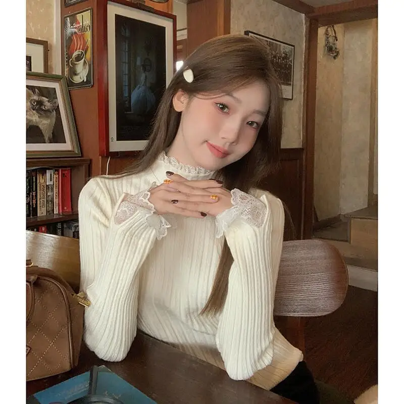 female Tops Knitted Women New Spring Autumn Winter Base Layer Semi High Collar Lace Trim Fake Two Piece Design Elegant Style
female Tops Knitted Women New Spring Autumn Winter Base Layer Semi High Collar Lace Trim Fake Two Piece Design Elegant Style
