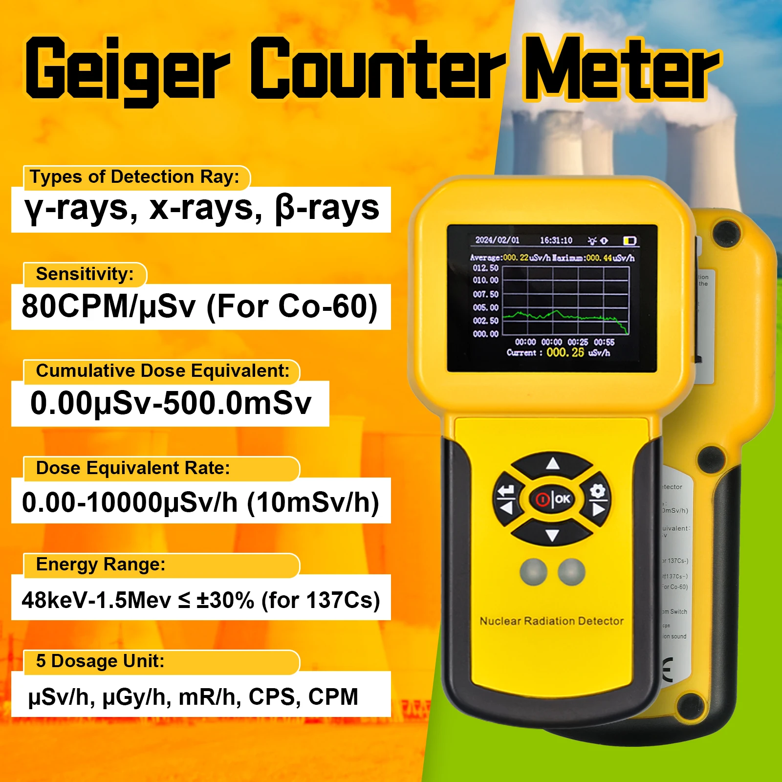 Geiger Counter Personal Dosimeter β/γ/X Ray 0-10000μSv/h Triple Alarm USB Rechargeable with Real-Time Clock
Geiger Counter Personal Dosimeter β/γ/X Ray 0-10000μSv/h Triple Alarm USB Rechargeable with Real-Time Clock