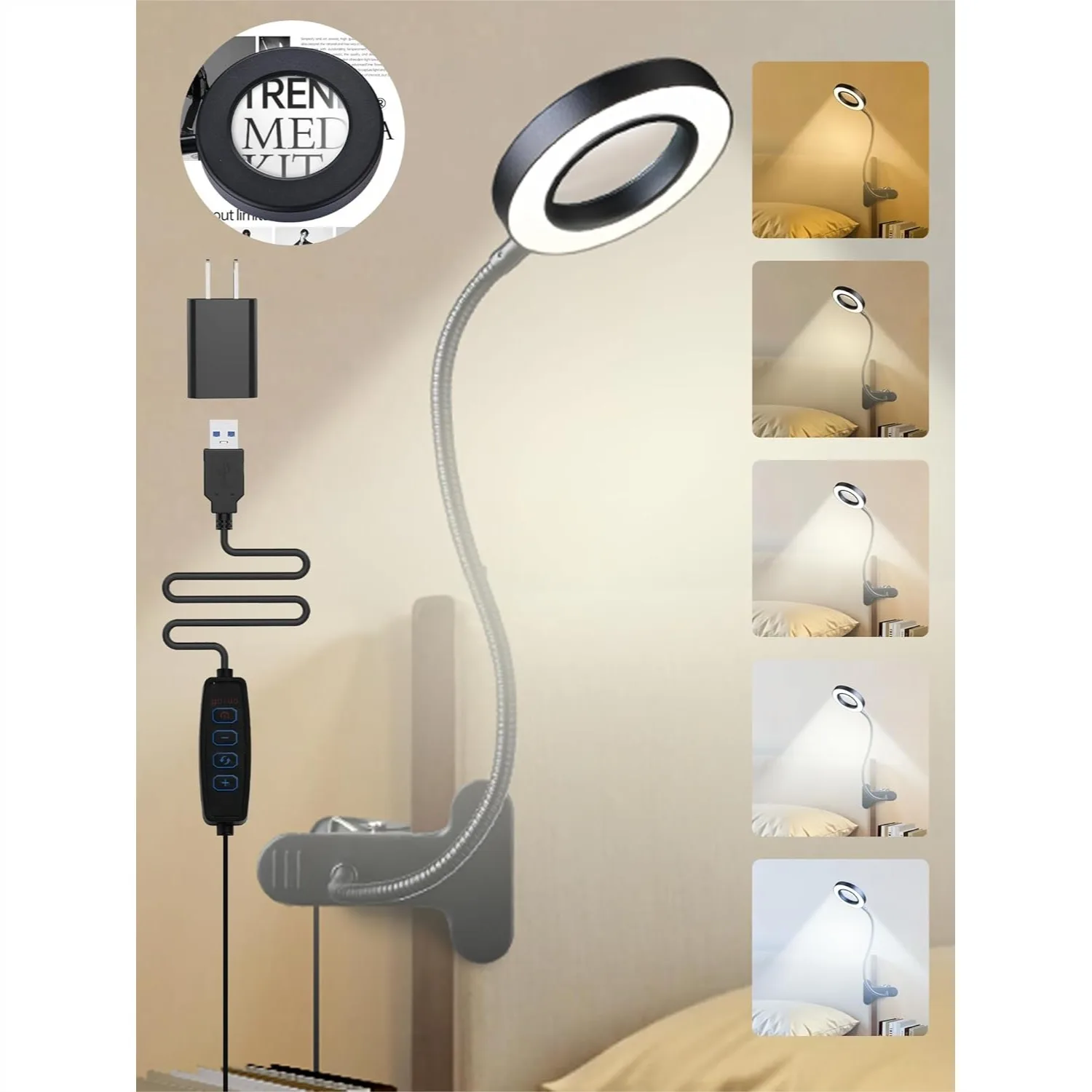 10X Magnifying Glass with Light, 58 LED 750 Lumen Reading Lamp, 5 Colors+10 Brightness, Clip on Desk/Bed/Nail Light, USB Adapter
10X Magnifying Glass with Light, 58 LED 750 Lumen Reading Lamp, 5 Colors+10 Brightness, Clip on Desk/Bed/Nail Light, USB Adapter
