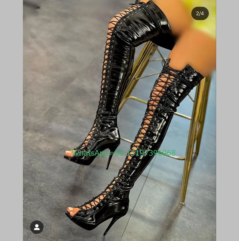 Lady Mirror Patent PU Over The Knee Boots Peep Toe Sexy Cut-Out Stiletto Heel Boots Lace-Up Gothic Style Party Dance Sexy Boots
Lady Mirror Patent PU Over The Knee Boots Peep Toe Sexy Cut-Out Stiletto Heel Boots Lace-Up Gothic Style Party Dance Sexy Boots