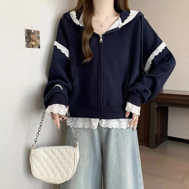 Sweet Lace Patchwork Hoodies Women Autumn Loose Casual Zipper Sweatshirts Long Sleeve Solid Simple Preppy Korean Female Coats
Sweet Lace Patchwork Hoodies Women Autumn Loose Casual Zipper Sweatshirts Long Sleeve Solid Simple Preppy Korean Female Coats