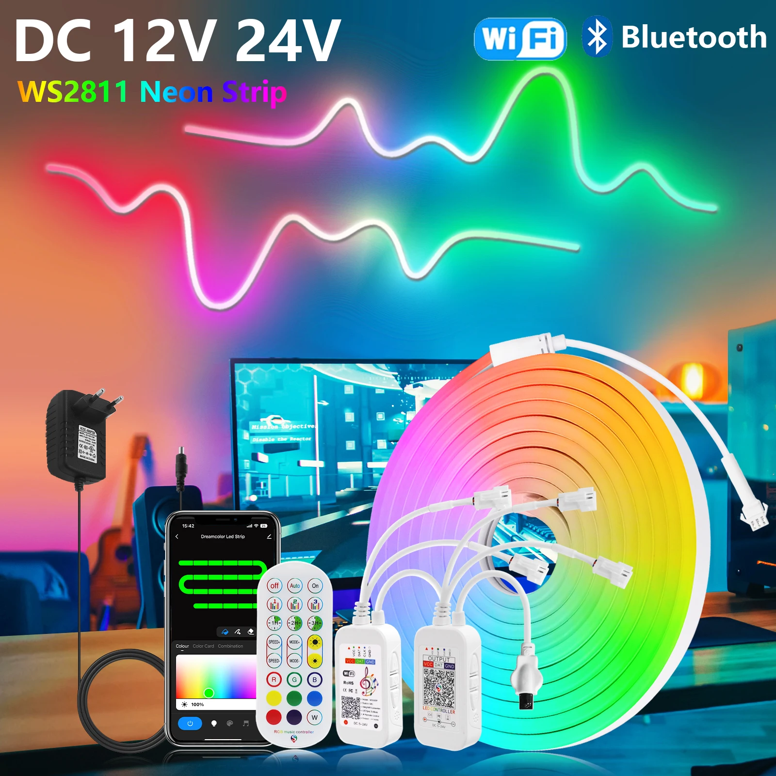 12 В 24 В Tuya Wi-Fi RGBIC Неоновая лента Bluetooth Приложение 24 клавиши Пульт дистанционного управления Адресная водонепроницаемая светодиодная лента Dream Color WS2811
12 В 24 В Tuya Wi-Fi RGBIC Неоновая лента Bluetooth Приложение 24 клавиши Пульт дистанционного управления Адресная водонепроницаемая светодиодная лента Dream Color WS2811