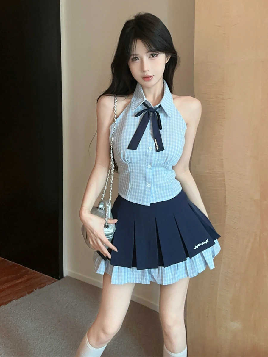 High Waist Skirt Set with Plaid Shirt No Sleeve College Style Fashionable Breathable Women's Outfit Short Sleeve Neck
High Waist Skirt Set with Plaid Shirt No Sleeve College Style Fashionable Breathable Women's Outfit Short Sleeve Neck